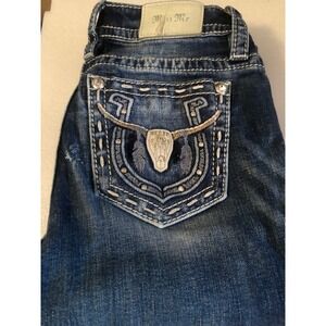 Miss Me Womens Bootcut Jeans Dark Wash Steer Skull Embellished Rhinestone 24x34